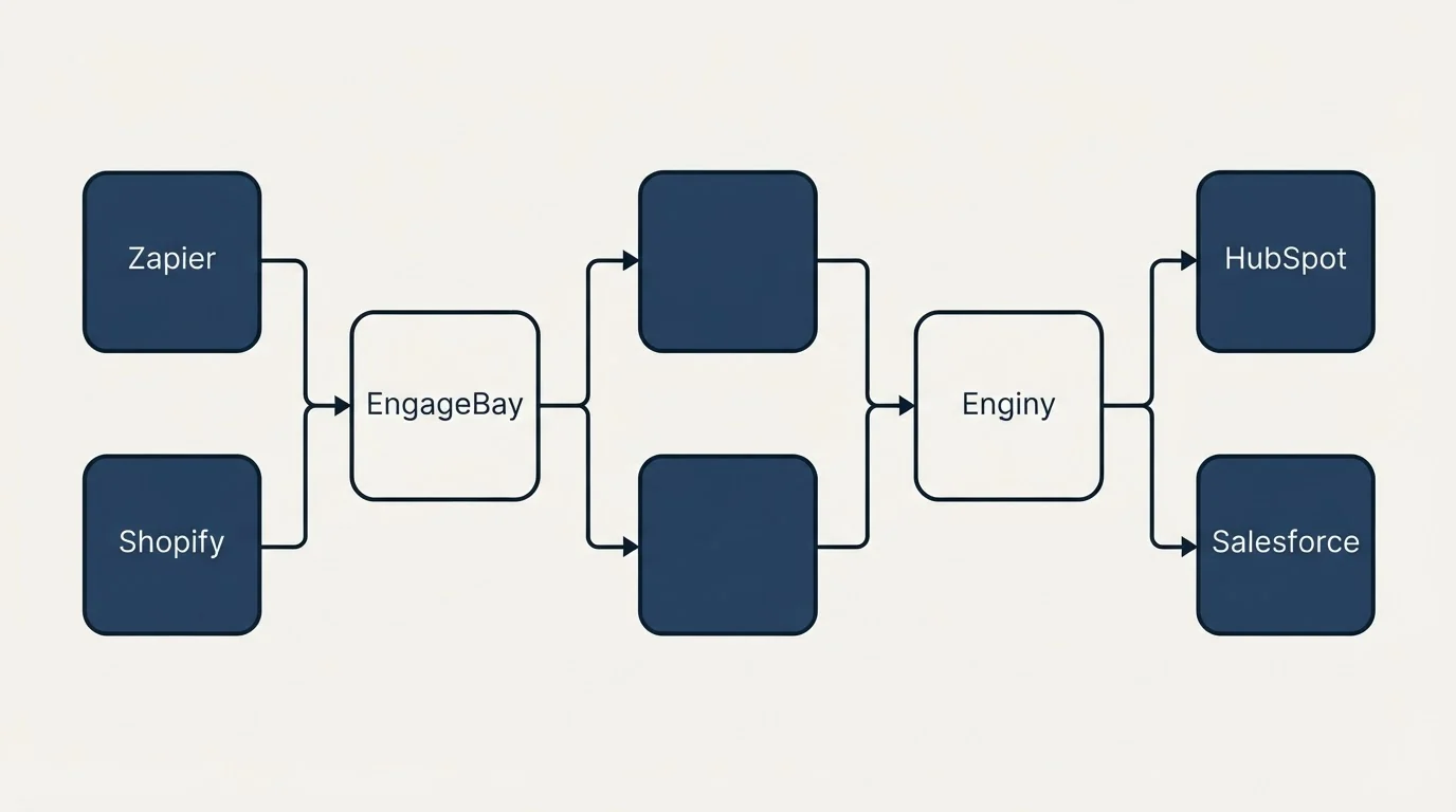 Integration flow: Integration Ecosystem (EngageBay, Enginy, Zapier, HubSpot)