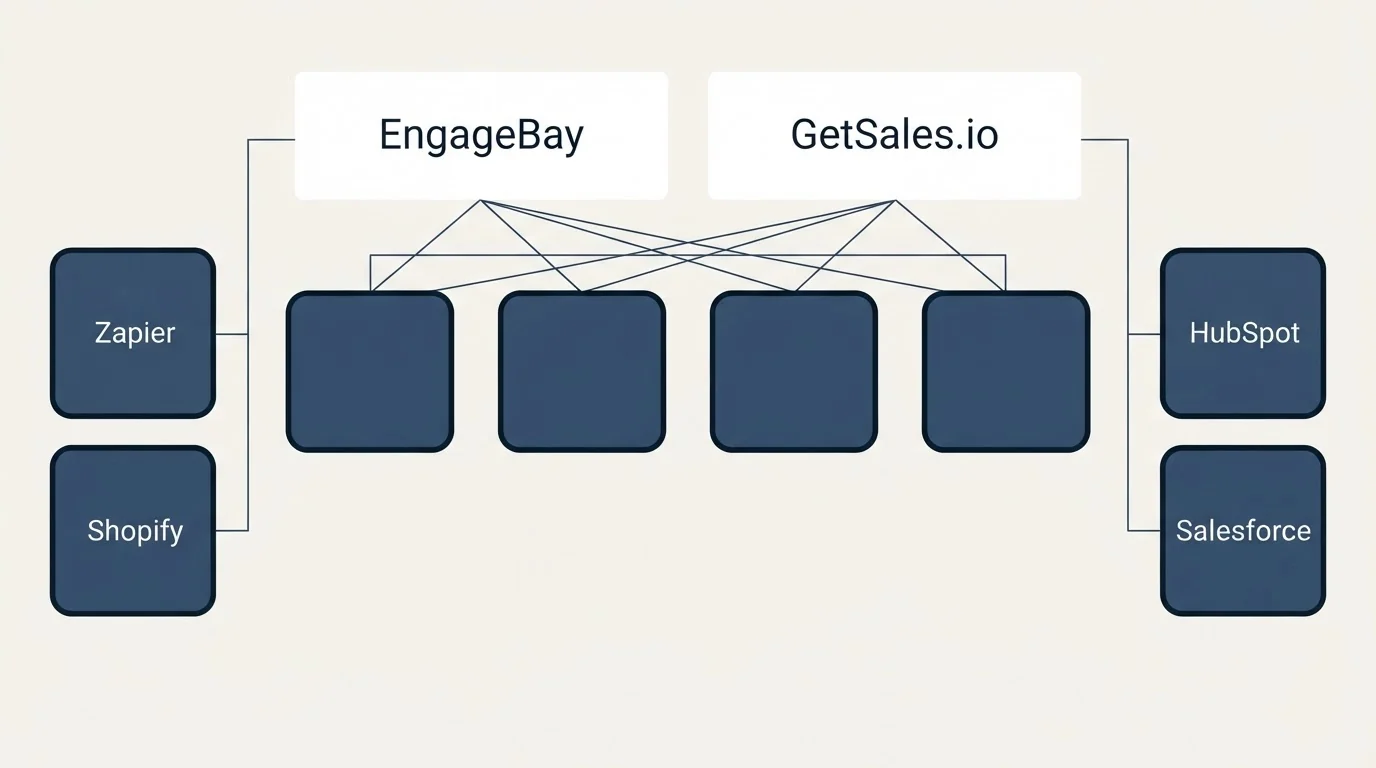 Integration grid: Integration Ecosystem (EngageBay, GetSales.io, Zapier, HubSpot)