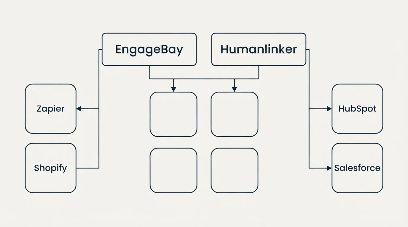 Integration grid: Integration Ecosystem (EngageBay, Humanlinker, Zapier, HubSpot)