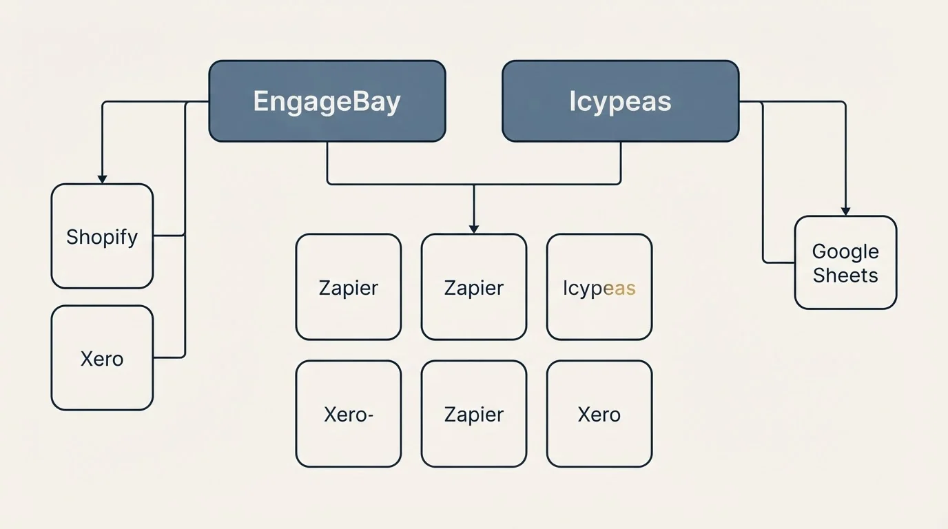 Integration grid: Integration Ecosystem (EngageBay, Icypeas, Zapier, Shopify)