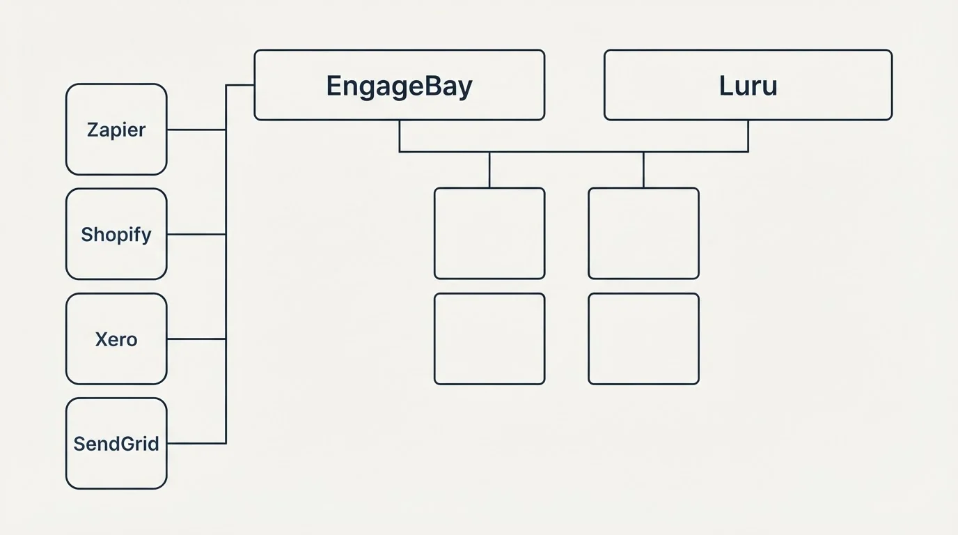 Integration grid: Integration Ecosystem (EngageBay, Luru, Zapier, Shopify)