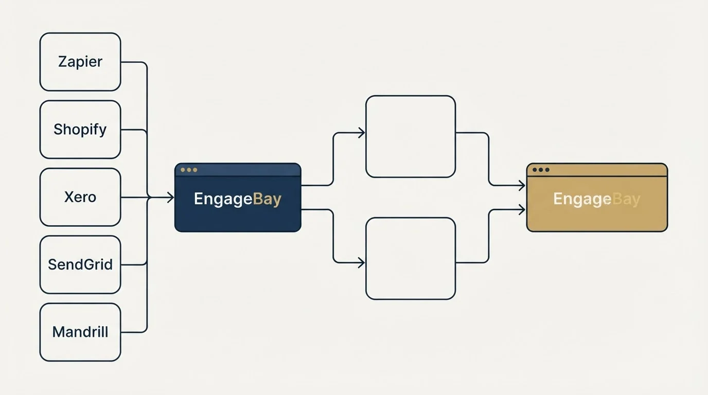 Integration flow: Integration Ecosystem (EngageBay, Zapier, Shopify, Xero)