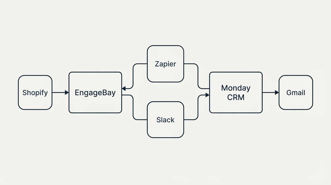 Integration schematic: Integration Ecosystem (EngageBay, Monday CRM, Zapier, Slack)