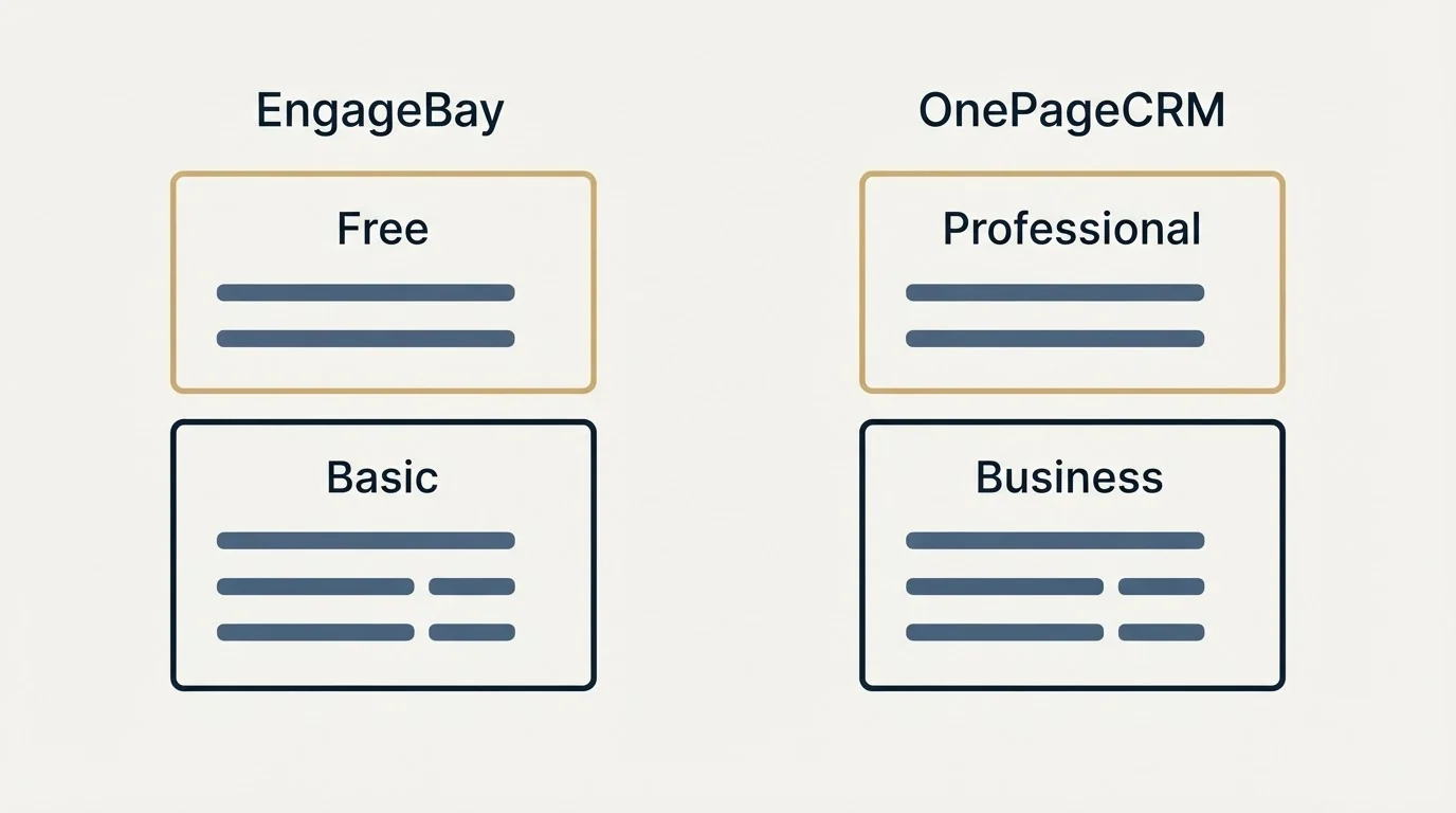 Pricing panels: Pricing Comparison (EngageBay, OnePageCRM, Free, Professional)