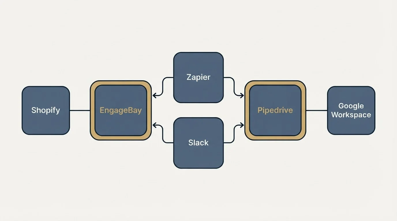 Integration schematic: Integration Ecosystem (EngageBay, Pipedrive, Zapier, Slack)