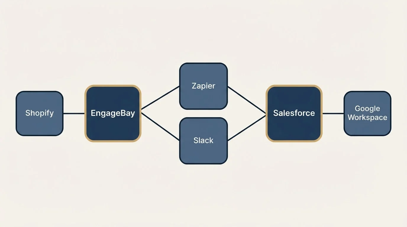 Integration schematic: Integration Ecosystem (EngageBay, Salesforce, Zapier, Slack)