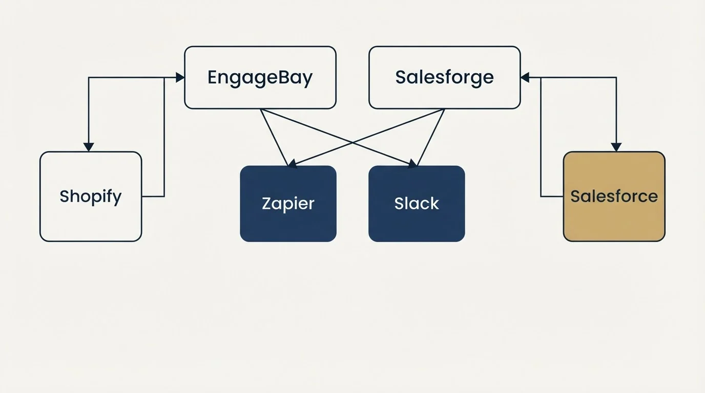 Integration grid: Integration Ecosystem (EngageBay, Salesforge, Zapier, Slack)