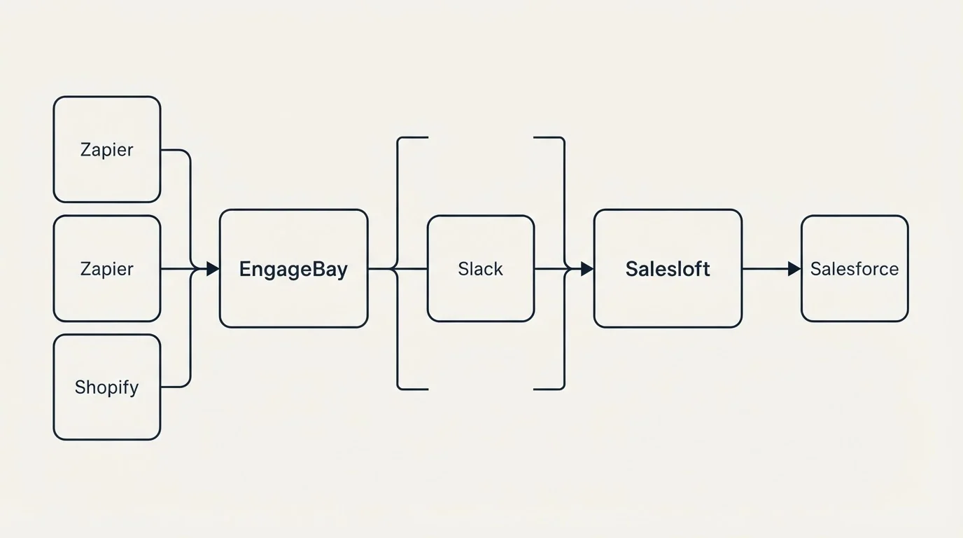 Integration flow: Integration Ecosystem (EngageBay, Salesloft, Slack, Zapier)