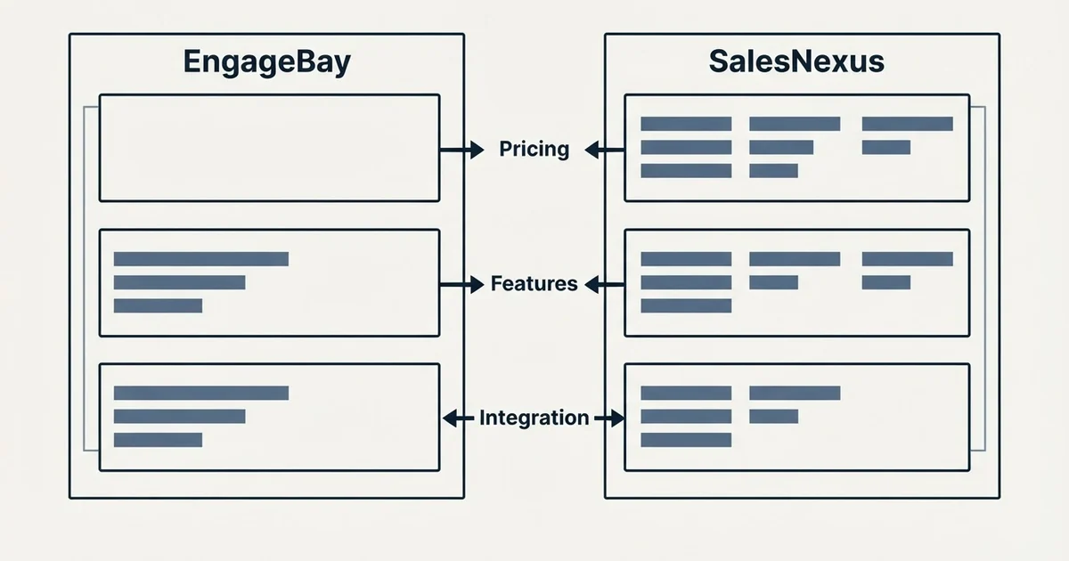 Comparison panel: EngageBay vs SalesNexus (Pricing, Features, Integration)
