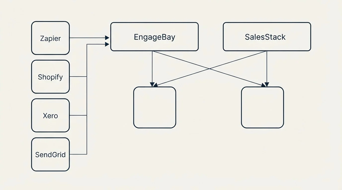 Integration grid: Integration Ecosystem (EngageBay, SalesStack, Zapier, Shopify)