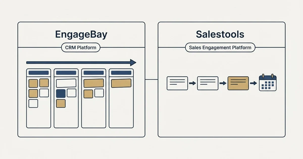 Side-by-side panels: EngageBay vs Salestools (CRM Platform, Sales Engagement Platform)