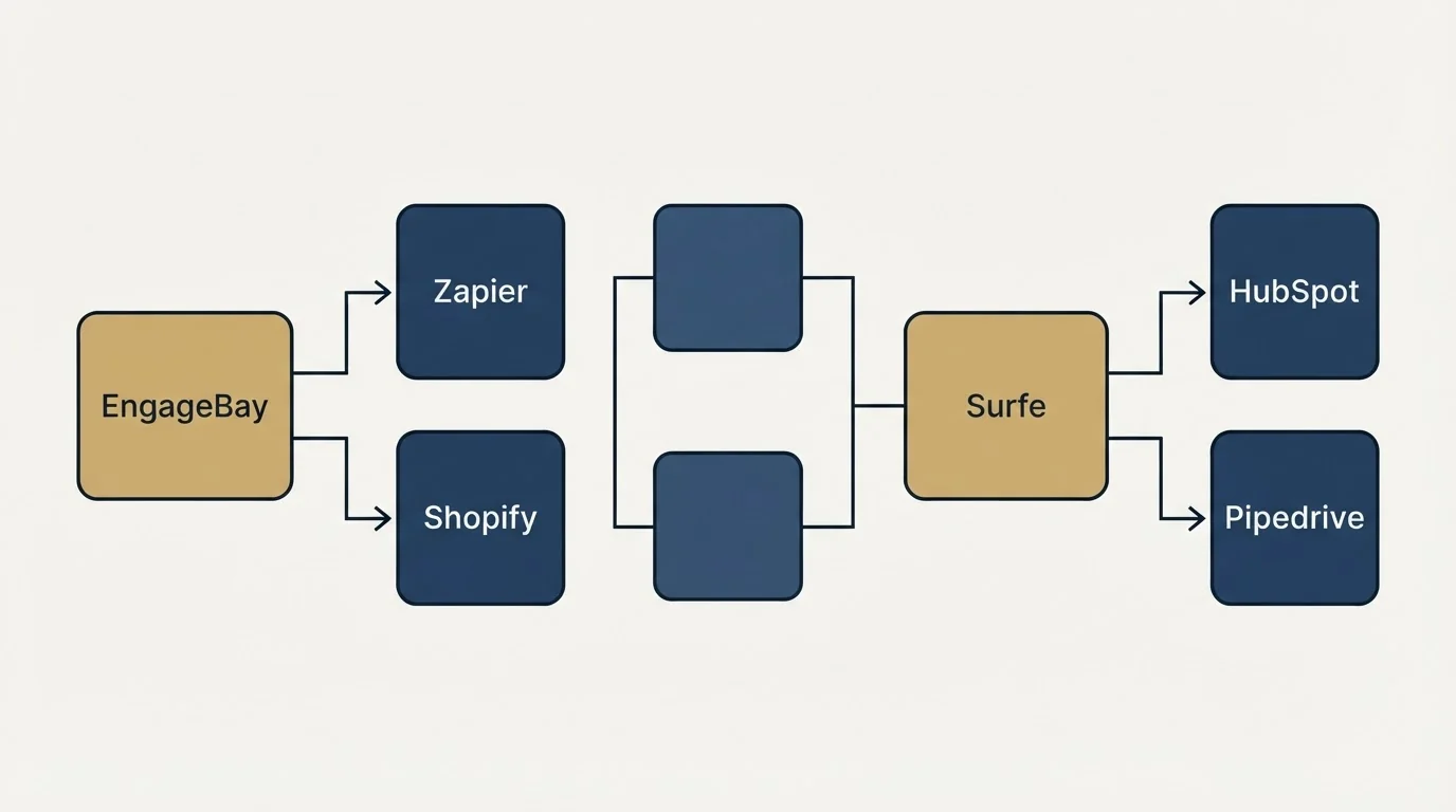 Integration flow: Integration Ecosystem (EngageBay, Surfe, Zapier, HubSpot)