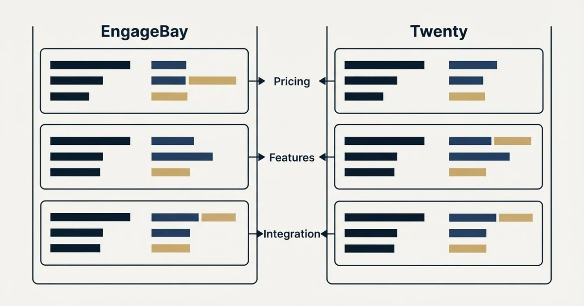 Comparison panel: EngageBay vs Twenty (Pricing, Features, Integration)