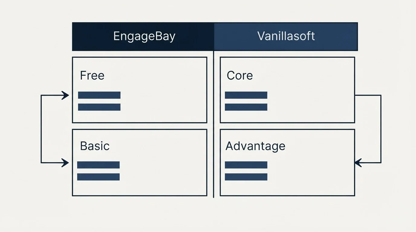 Pricing table: Pricing Comparison (EngageBay, Vanillasoft, Free, Core)