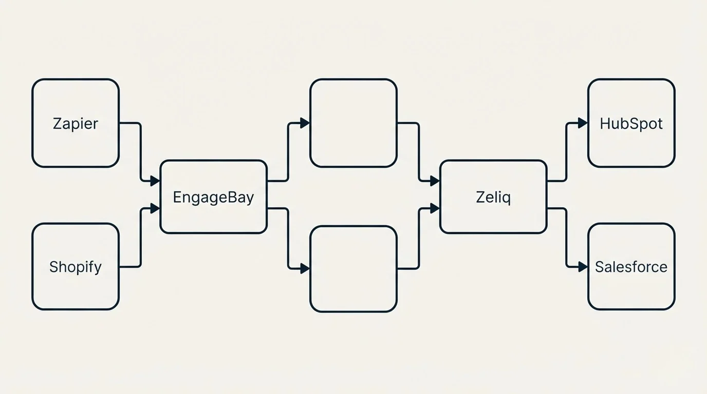 Integration flow: Integration Ecosystem (EngageBay, Zeliq, Zapier, HubSpot)