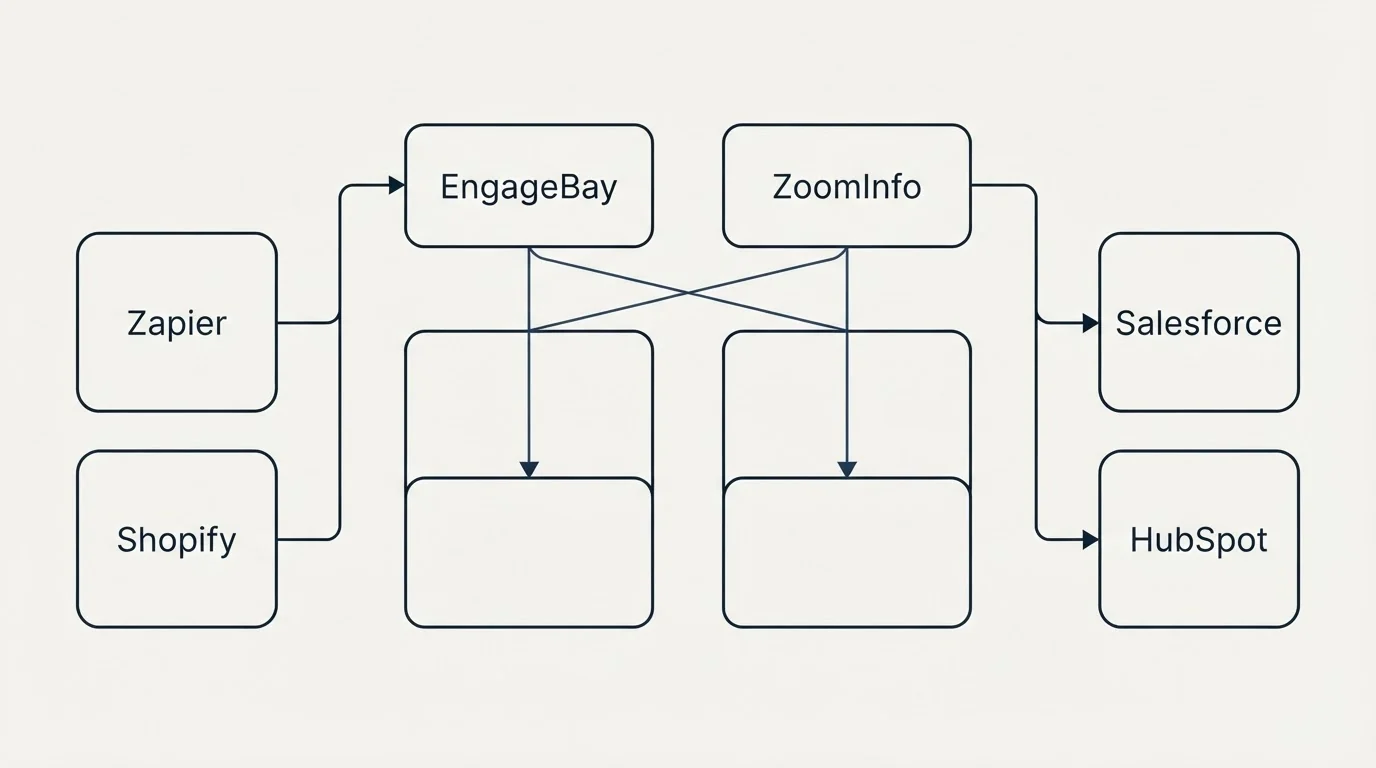Integration grid: Integration Ecosystem (EngageBay, ZoomInfo, Zapier, Salesforce)