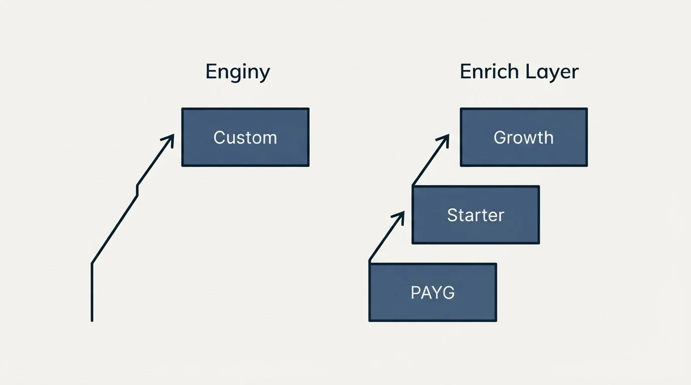 Pricing ladder: Pricing Comparison (Enginy, Enrich Layer, Custom, PAYG)