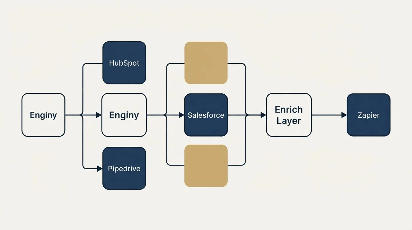 Integration flow: Integration Ecosystem (Enginy, Enrich Layer, Salesforce, HubSpot)