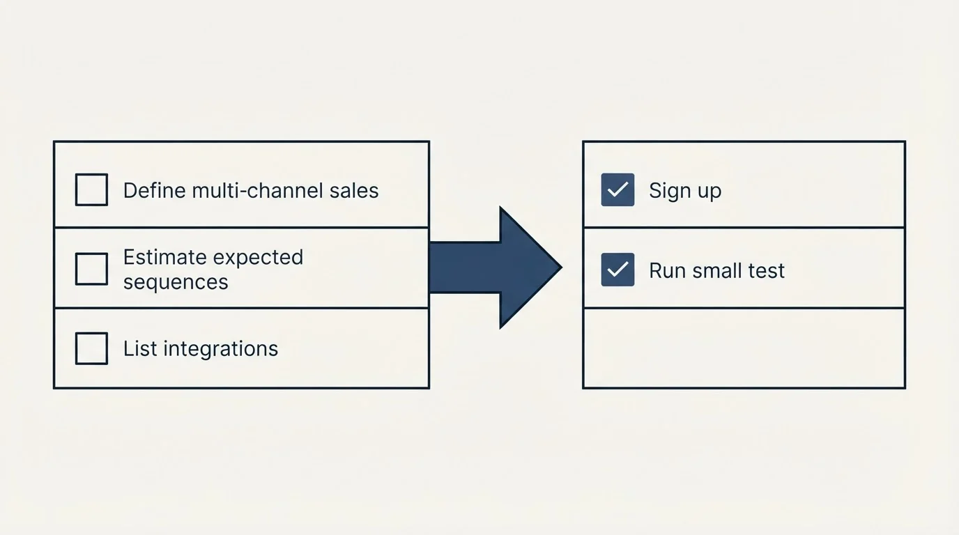 Before-and-after steps: Getting Started Checklist (Define multi-channel sales, Estimate expected sequences, List integrations, Sign up)