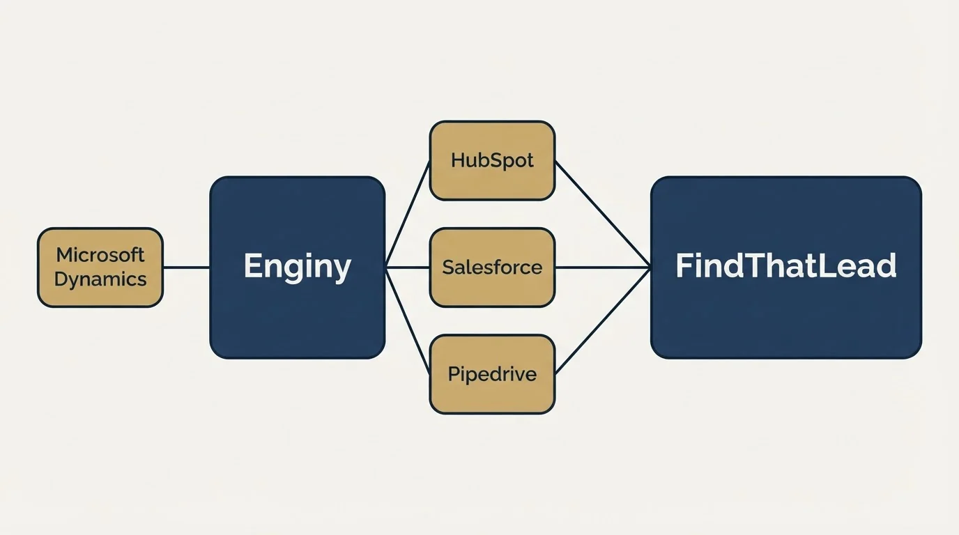 Integration schematic: Integration Ecosystem (Enginy, FindThatLead, HubSpot, Salesforce)