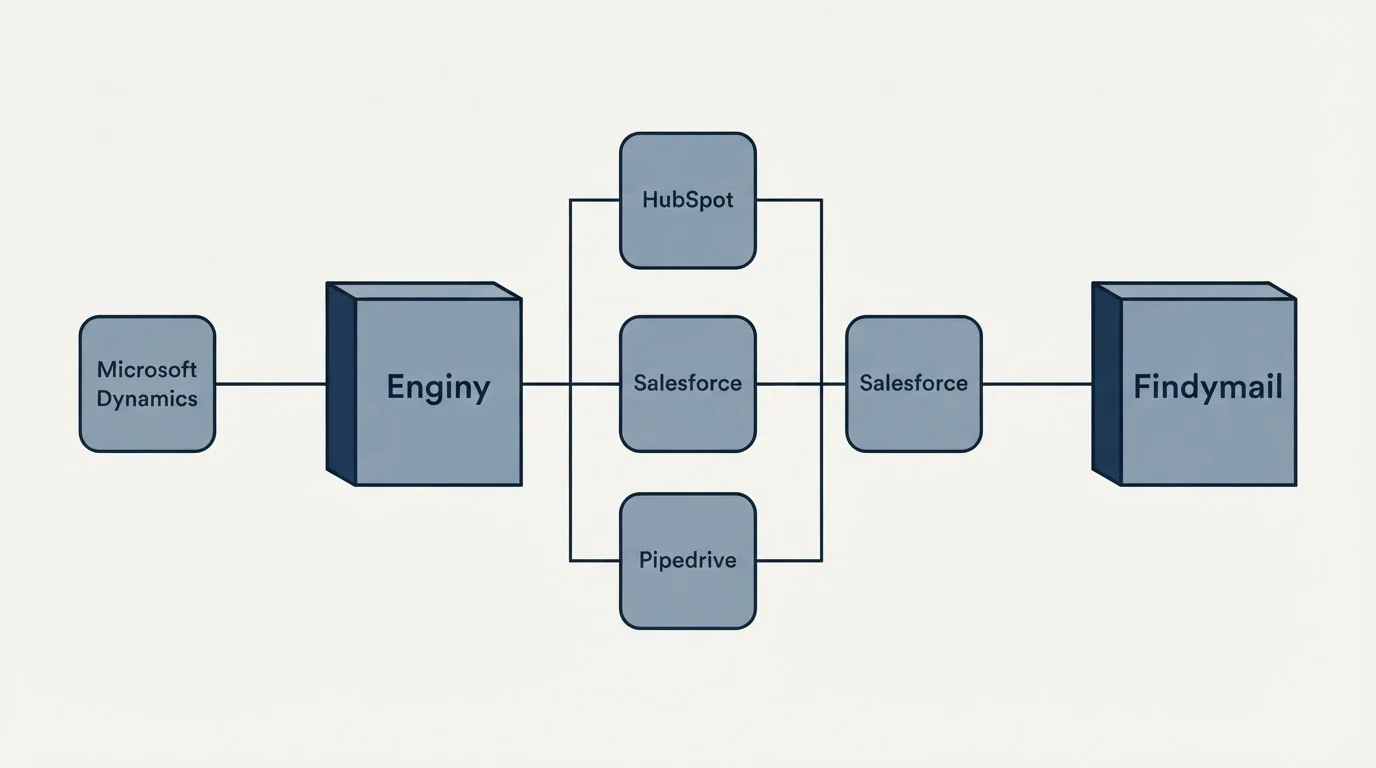 Integration flow: Integration Ecosystem (Enginy, Findymail, HubSpot, Salesforce)