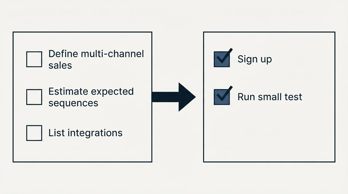 Before-and-after steps: Getting Started Checklist (Define multi-channel sales, Estimate expected sequences, List integrations, Sign up)