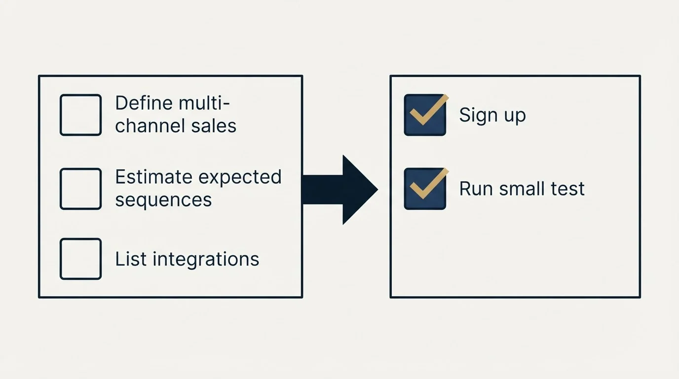 Before-and-after steps: Getting Started Checklist (Define multi-channel sales, Estimate expected sequences, List integrations, Sign up)
