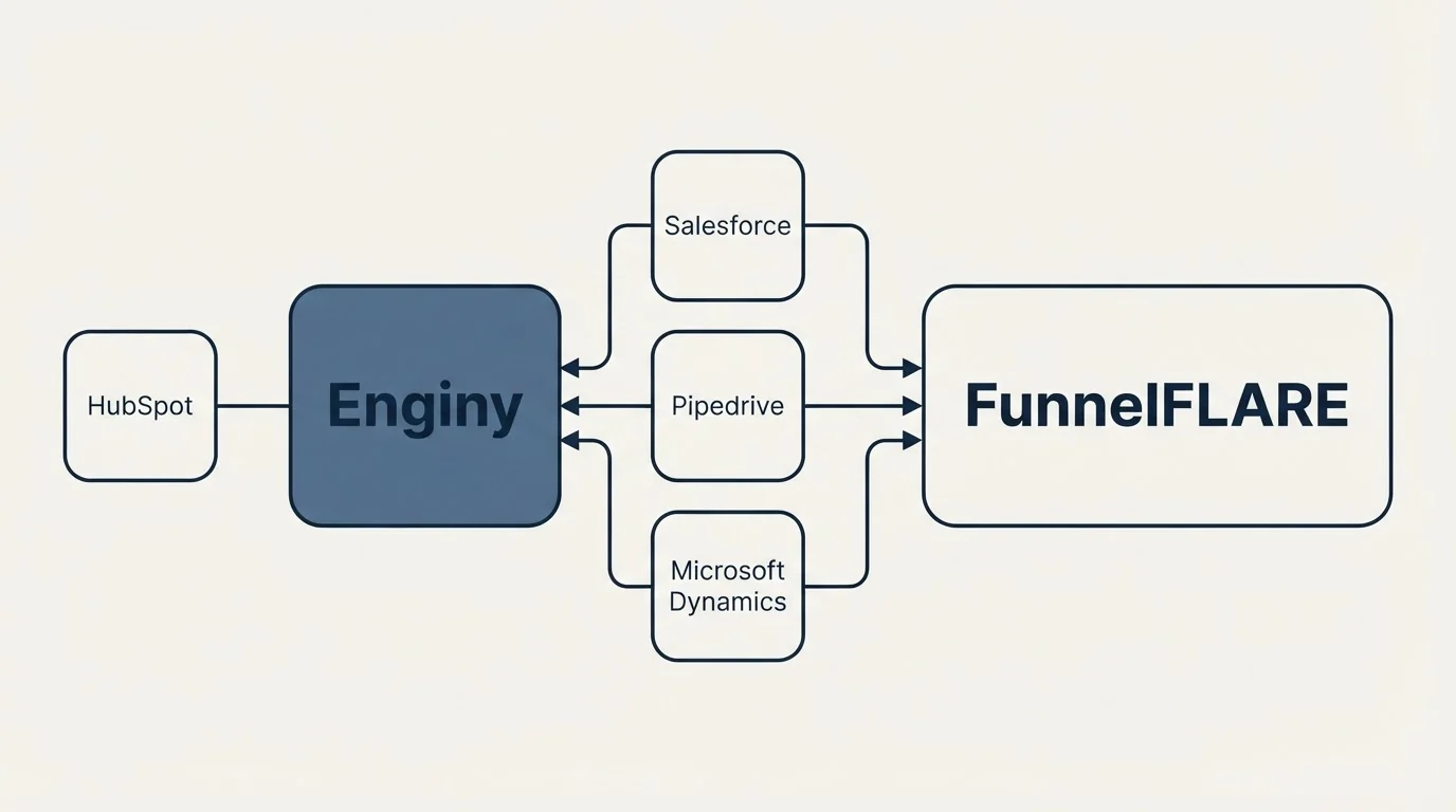 Integration schematic: Integration Ecosystem (Enginy, FunnelFLARE, Salesforce, Pipedrive)