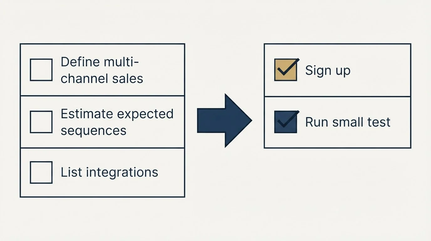 Before-and-after steps: Getting Started Checklist (Define multi-channel sales, Estimate expected sequences, List integrations, Sign up)