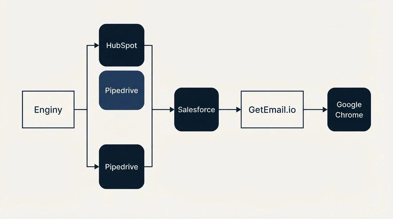 Integration flow: Integration Ecosystem (Enginy, GetEmail.io, Salesforce, HubSpot)