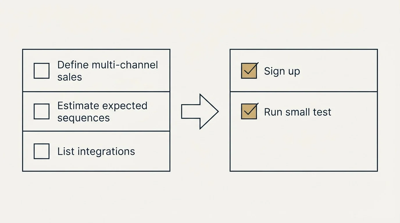 Before-and-after steps: Getting Started Checklist (Define multi-channel sales, Estimate expected sequences, List integrations, Sign up)