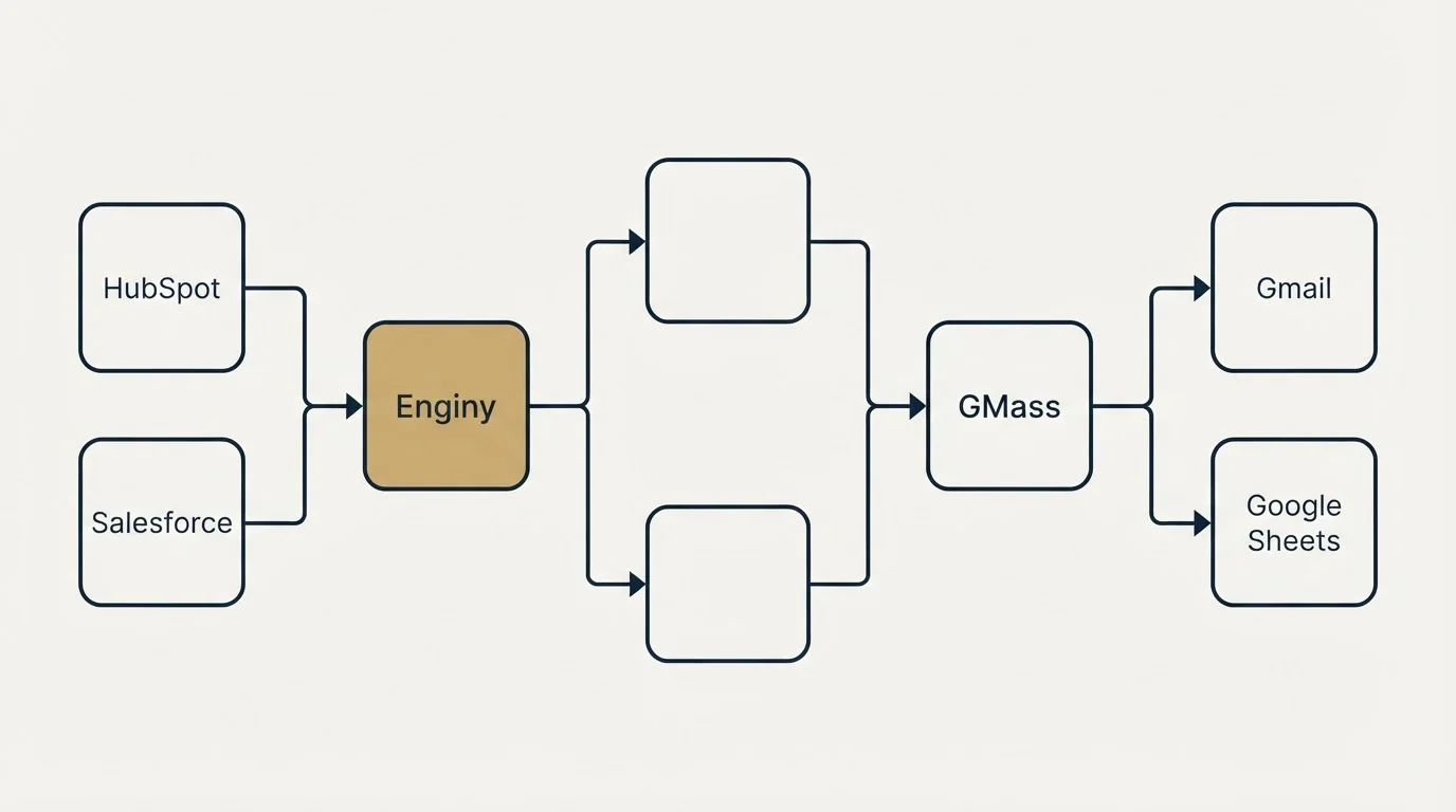 Integration flow: Integration Ecosystem (Enginy, GMass, HubSpot, Gmail)