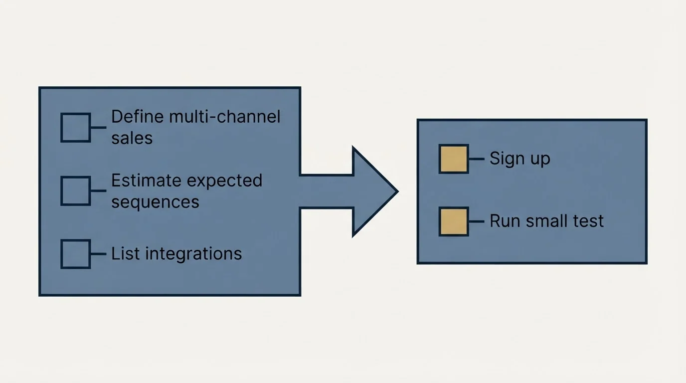 Before-and-after steps: Getting Started Checklist (Define multi-channel sales, Estimate expected sequences, List integrations, Sign up)