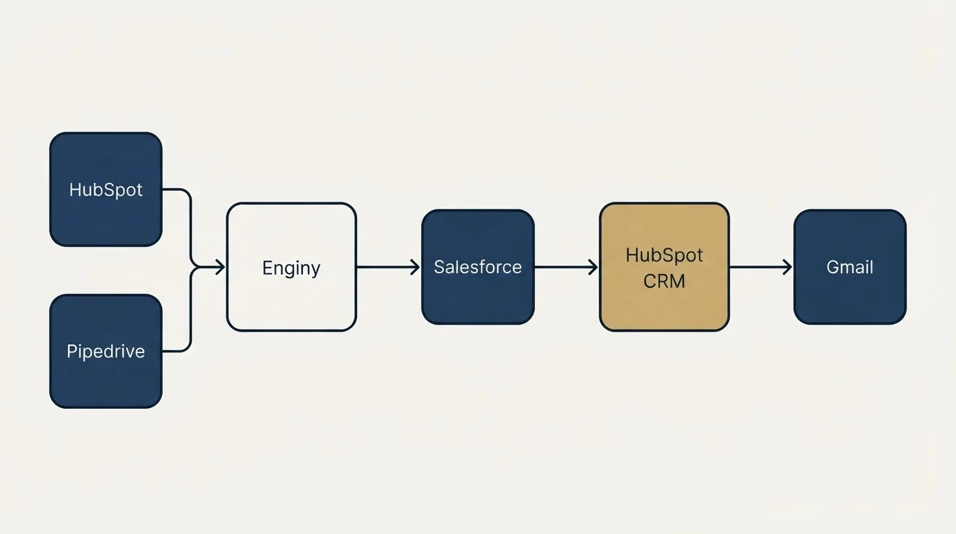 Integration schematic: Integration Ecosystem (Enginy, HubSpot CRM, Salesforce, HubSpot)