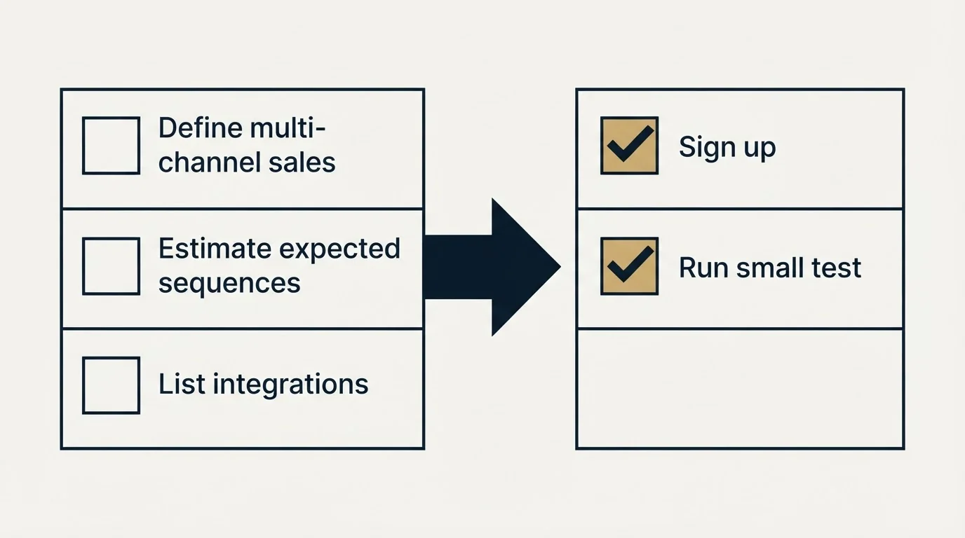 Before-and-after steps: Getting Started Checklist (Define multi-channel sales, Estimate expected sequences, List integrations, Sign up)