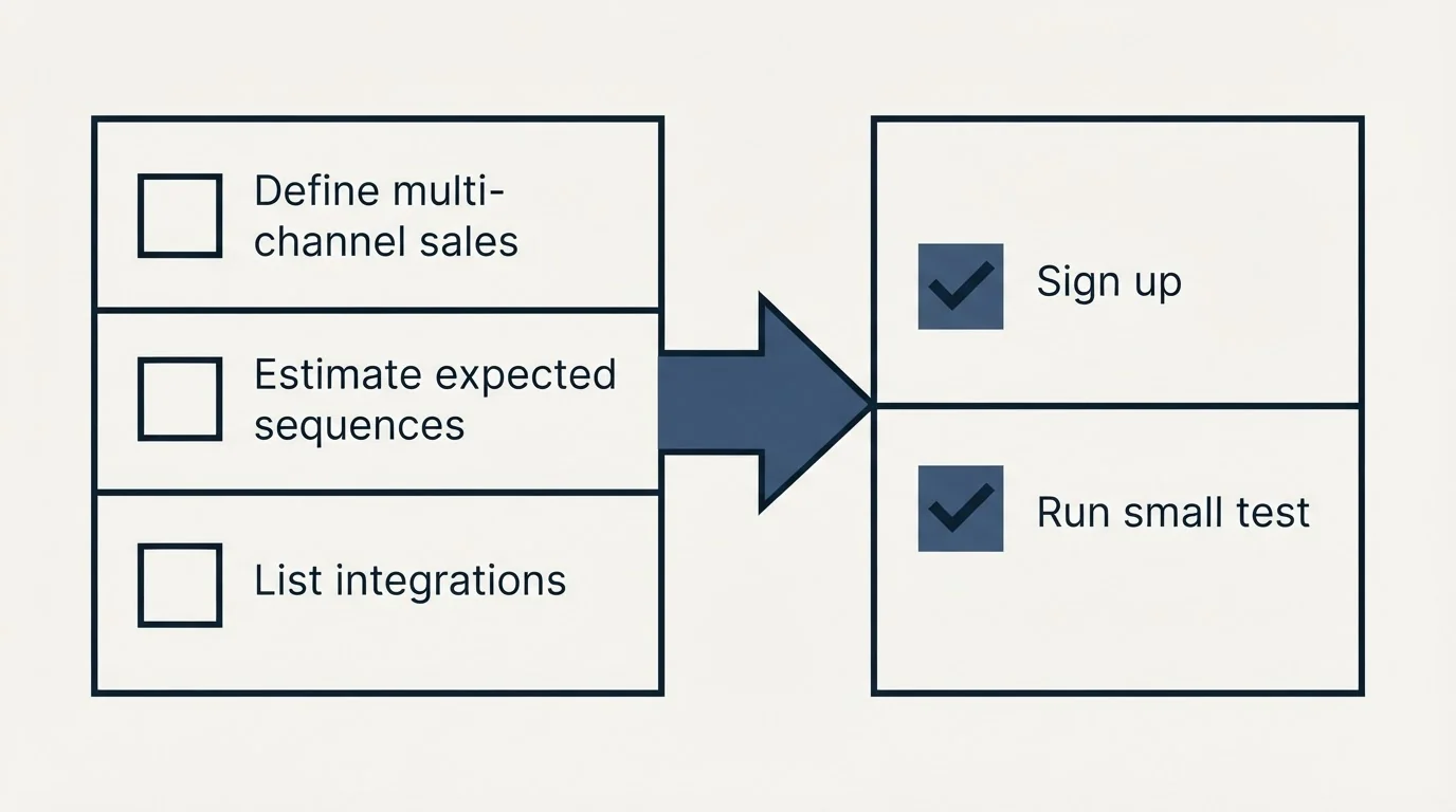 Before-and-after steps: Getting Started Checklist (Define multi-channel sales, Estimate expected sequences, List integrations, Sign up)
