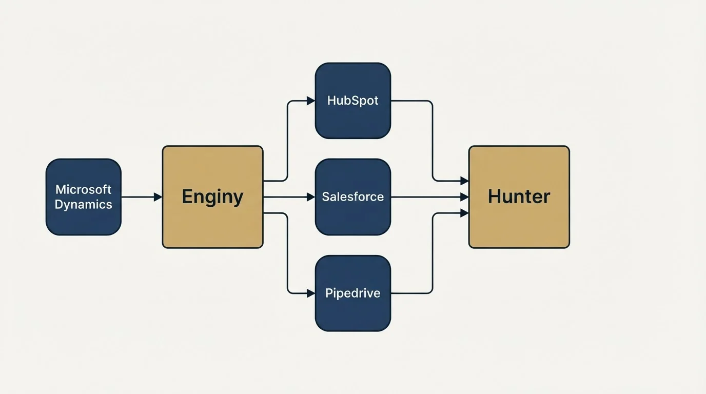 Integration schematic: Integration Ecosystem (Enginy, Hunter, HubSpot, Salesforce)