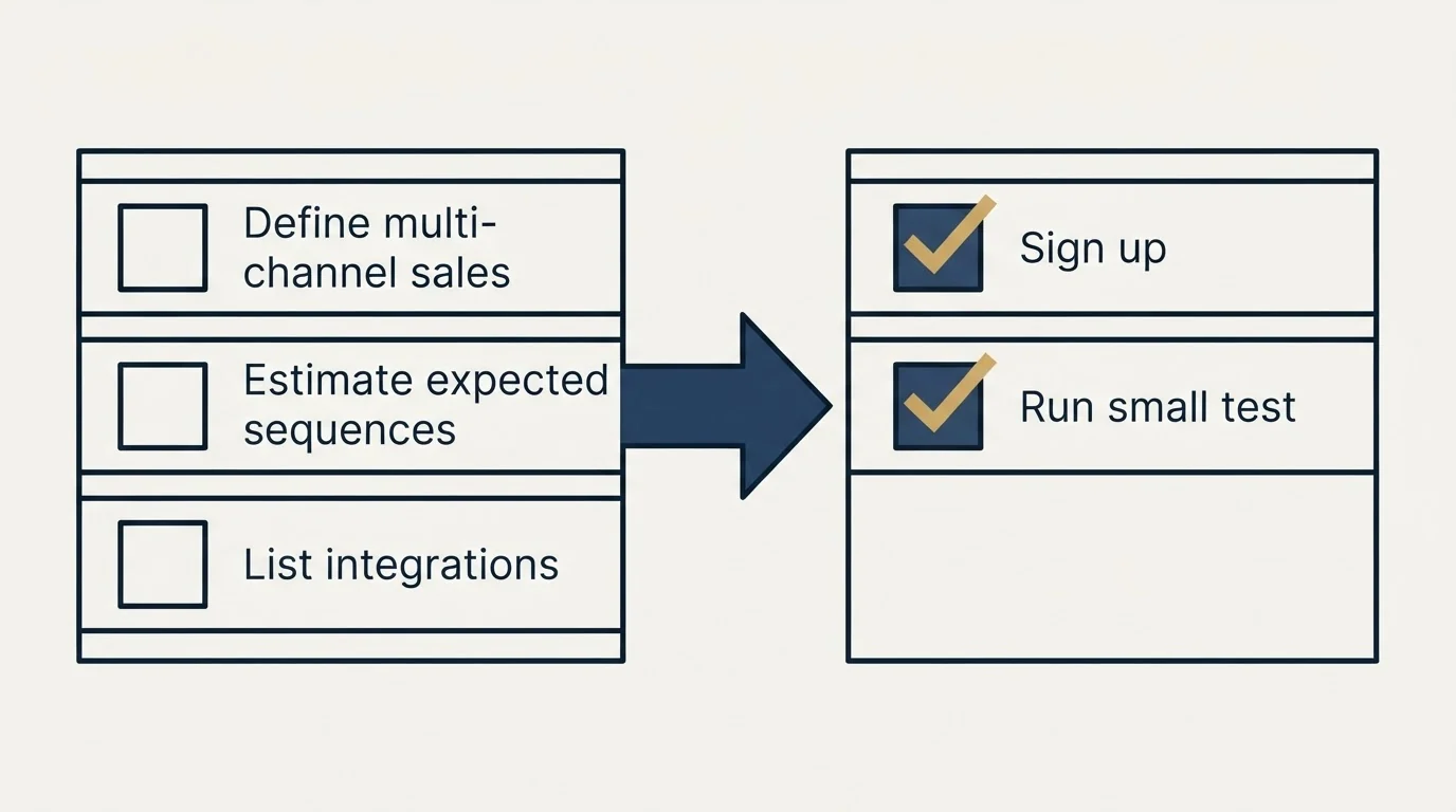 Before-and-after steps: Getting Started Checklist (Define multi-channel sales, Estimate expected sequences, List integrations, Sign up)