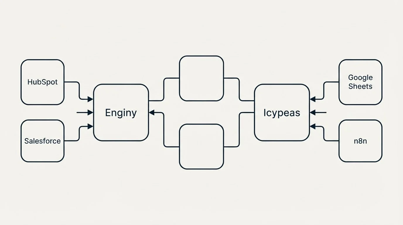 Integration flow: Integration Ecosystem (Enginy, Icypeas, HubSpot, Google Sheets)