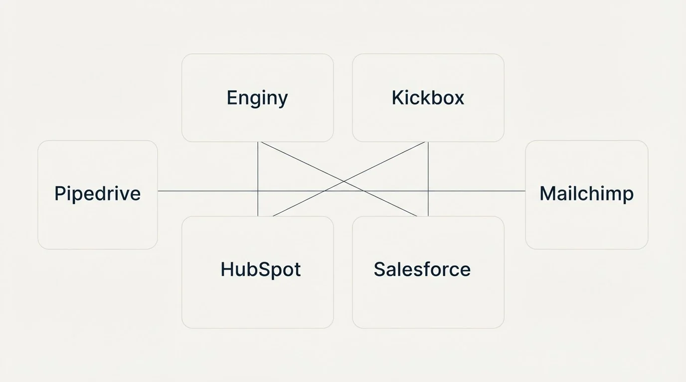 Integration grid: Integration Ecosystem (Enginy, Kickbox, HubSpot, Salesforce)