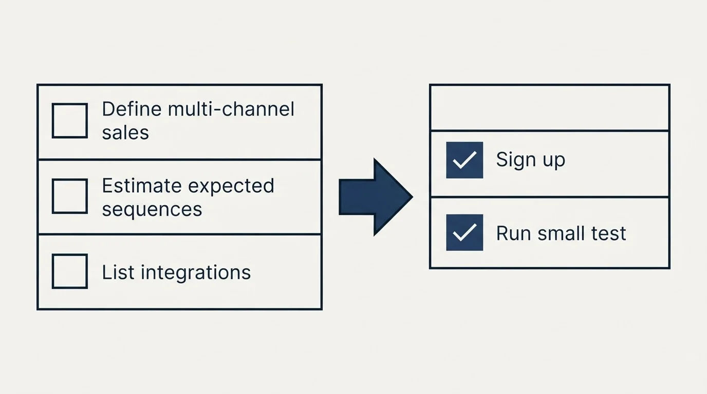 Before-and-after steps: Getting Started Checklist (Define multi-channel sales, Estimate expected sequences, List integrations, Sign up)
