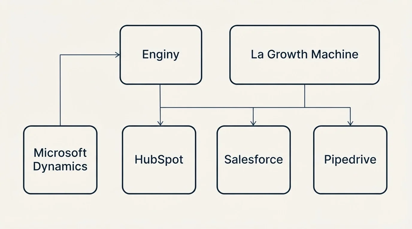 Integration grid: Integration Ecosystem (Enginy, La Growth Machine, HubSpot, Salesforce)