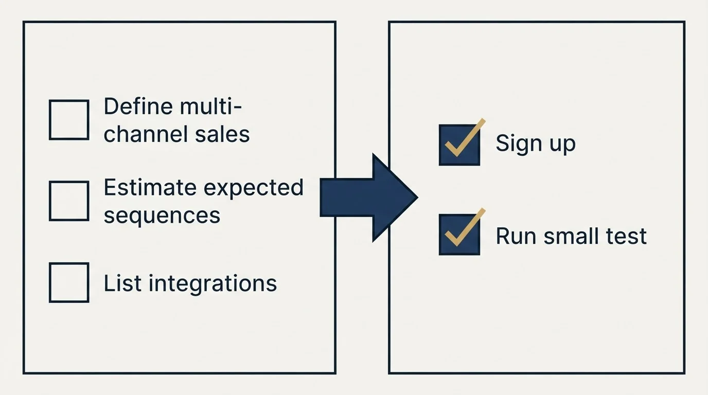 Before-and-after steps: Getting Started Checklist (Define multi-channel sales, Estimate expected sequences, List integrations, Sign up)