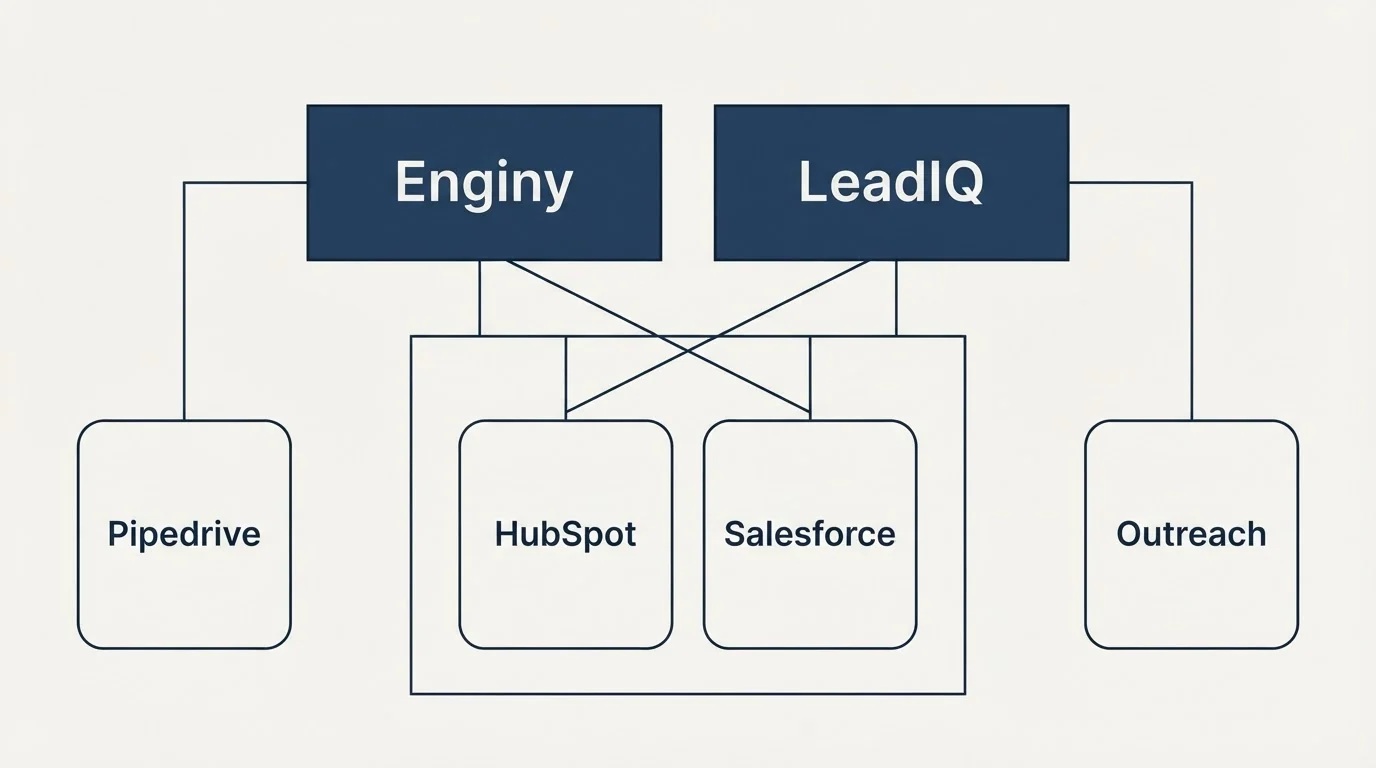 Integration grid: Integration Ecosystem (Enginy, LeadIQ, HubSpot, Salesforce)