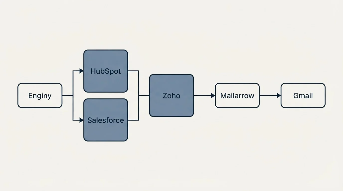 Integration flow: Integration Ecosystem (Enginy, Mailarrow, Zoho, HubSpot)