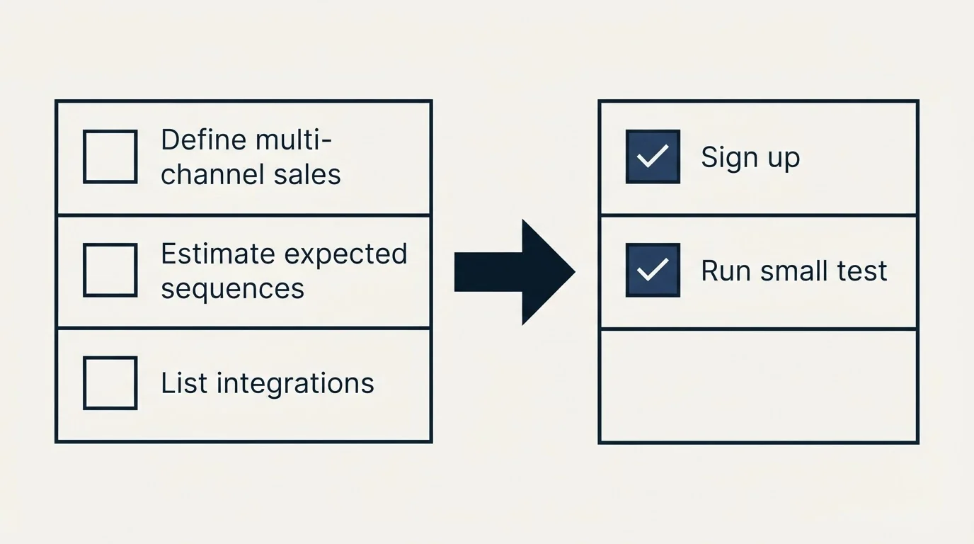 Before-and-after steps: Getting Started Checklist (Define multi-channel sales, Estimate expected sequences, List integrations, Sign up)