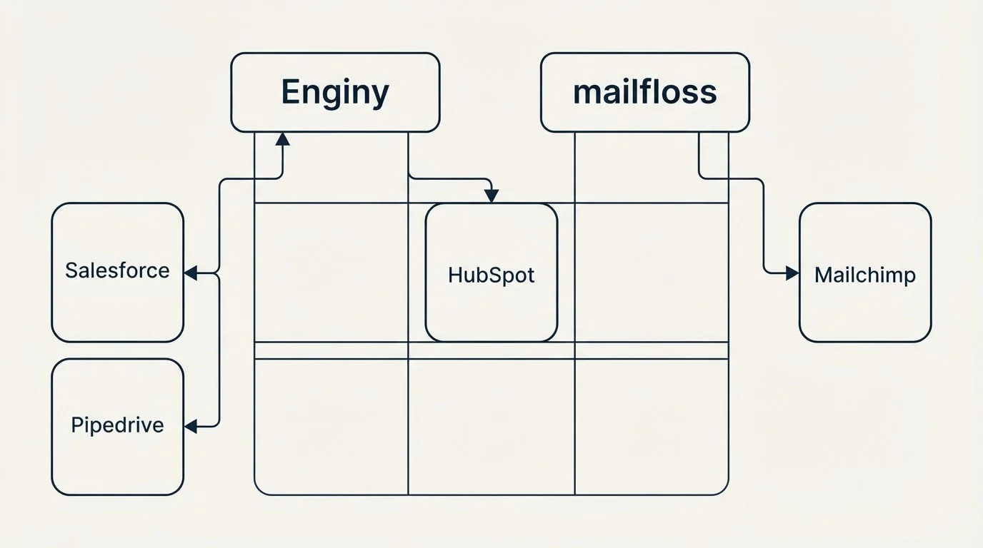 Integration grid: Integration Ecosystem (Enginy, mailfloss, HubSpot, Salesforce)