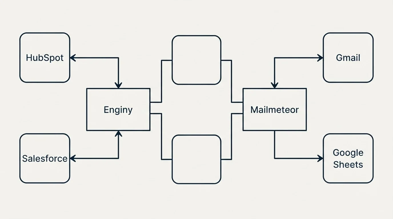 Integration flow: Integration Ecosystem (Enginy, Mailmeteor, HubSpot, Gmail)