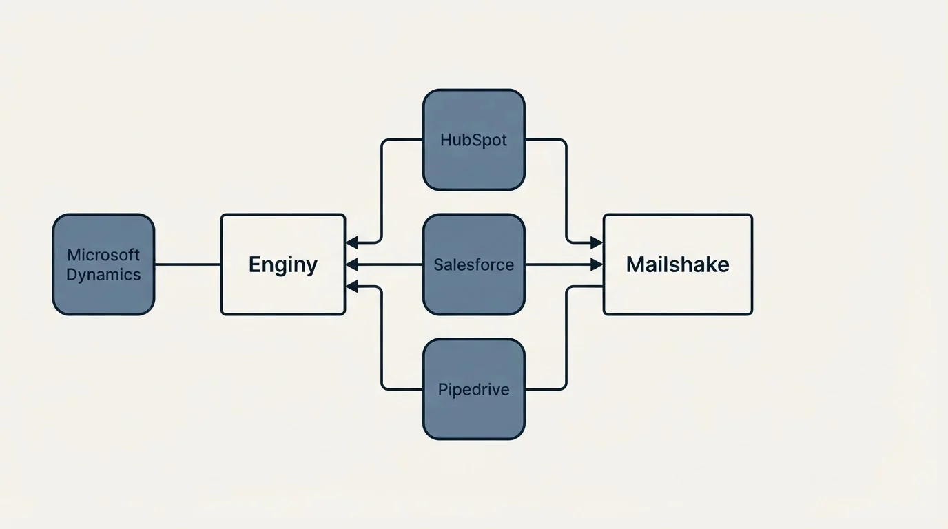 Integration schematic: Integration Ecosystem (Enginy, Mailshake, HubSpot, Salesforce)
