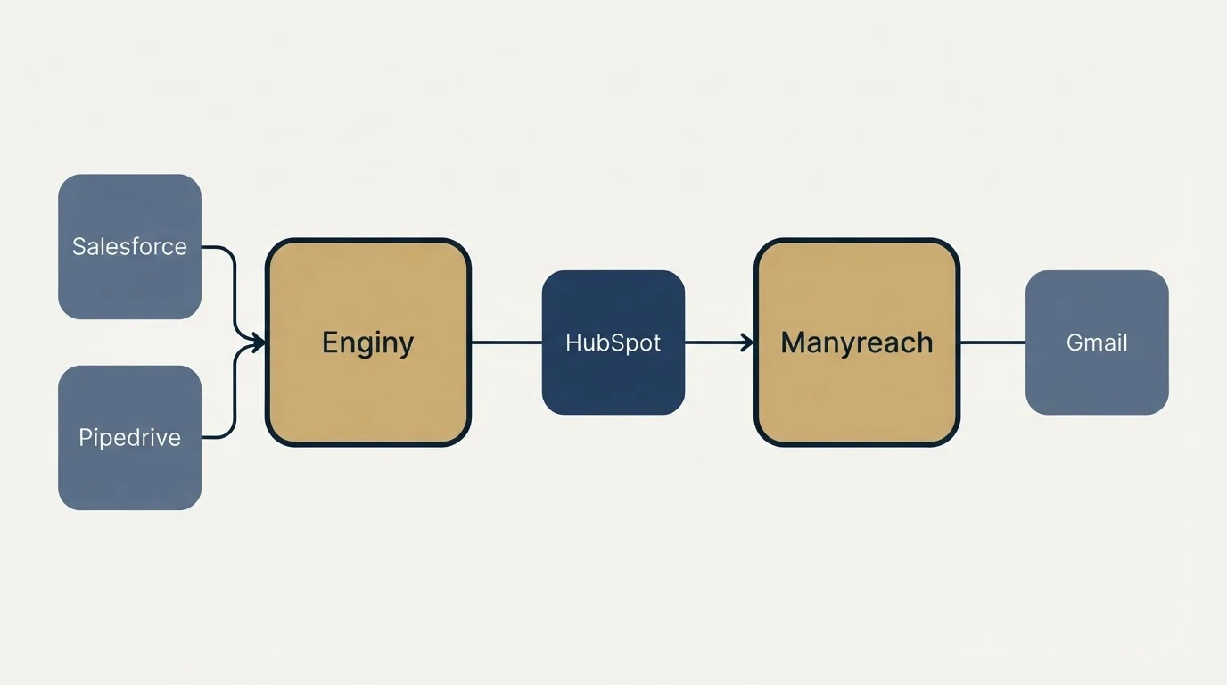 Integration schematic: Integration Ecosystem (Enginy, Manyreach, HubSpot, Salesforce)